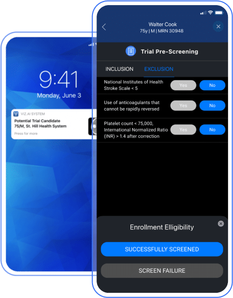 Smartphone screen showing Viz.ai's pre-screening process for clinical trial enrollment (CTE)