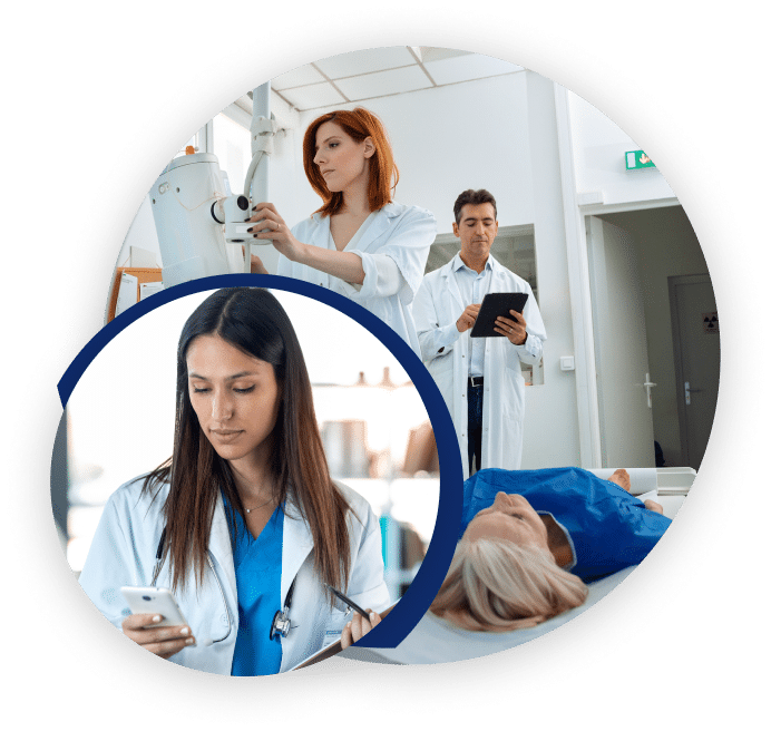 A picture collage of doctors and a patient being diagnozed in a hospital room