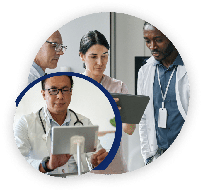 A picture collage of a group of doctors engaging in a discussion with each other