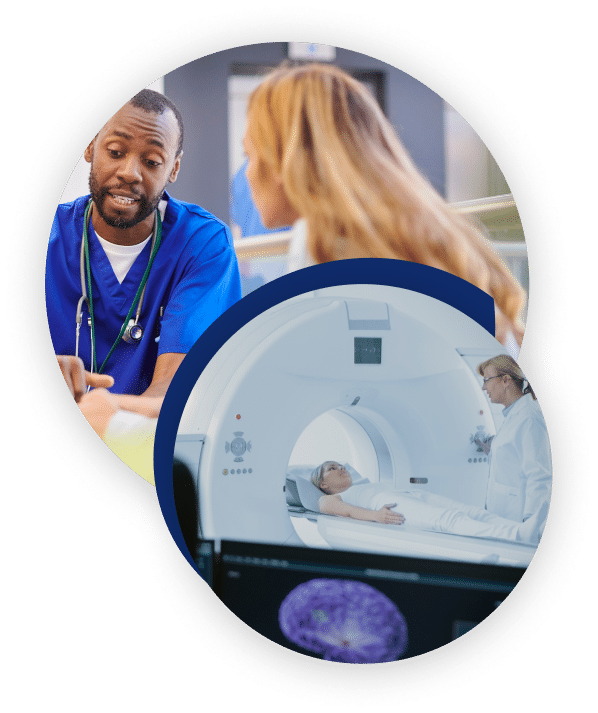 Picture collage of a doctor discussing diagnosis with a patient, and a patient in a CT scan machine