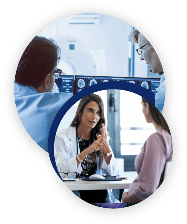 Picture collage of two doctors discussing patient scans, and a doctor discussing diagnosis with a patient.