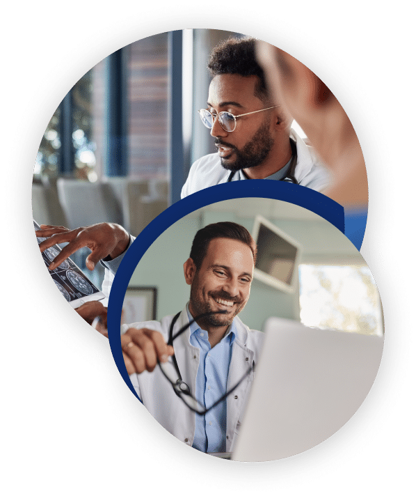 Picture collage of two doctors, one smiling at the computer screen, and another discussing patient healthcare data.