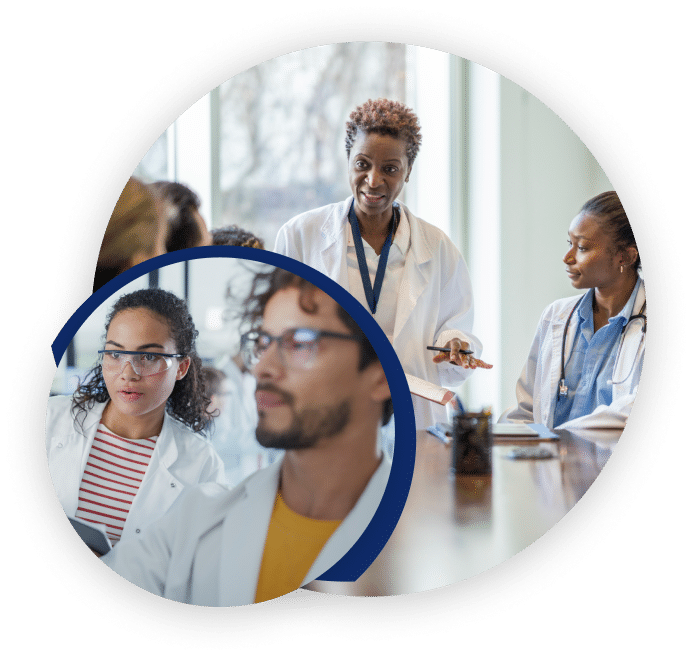 Picture collage of doctors looking at data and discussing the diagnosis with patients