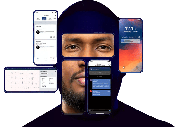 A man's face surrounded by four smartphones