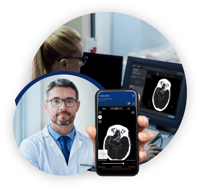 Picture collage of doctor studying a patient scan, and a doctor holding up a phone